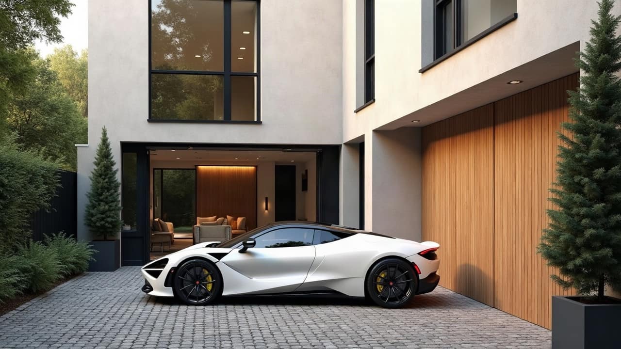 Coupé sportif blanc vu de profil dans la cour pavée d'une maison contemporaine, porte de garage en chêne