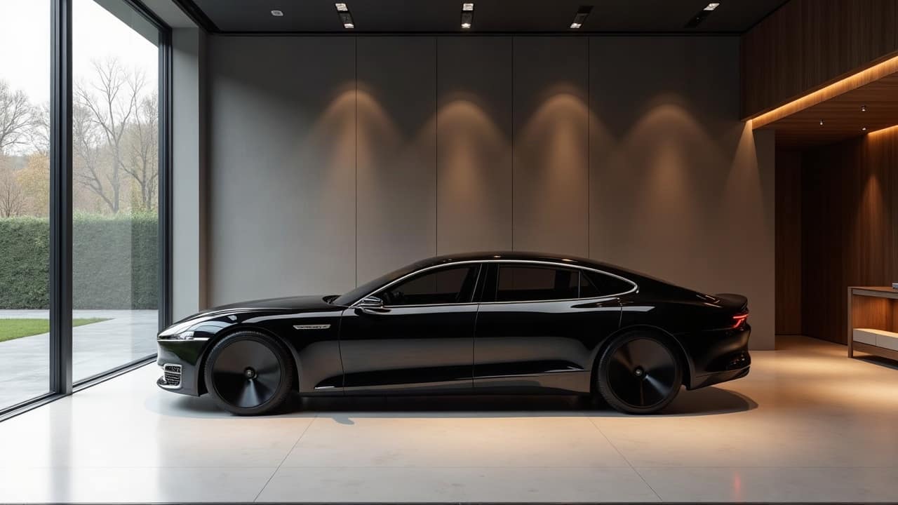 Galerie de collection dans une maison contemporaine, voiture haut de gamme exposée seule
