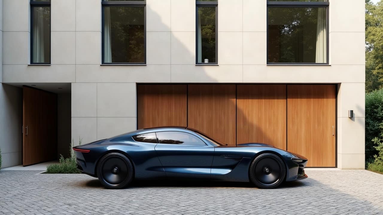 Coupé bleu nuit vu de profil devant la porte de garage en chêne d'une maison de ville, cour pavée