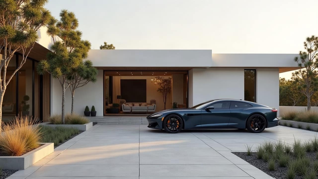 Coupé gris anthracite garé dans la cour dallée d'une villa blanche, pins et graminées au soleil couchant