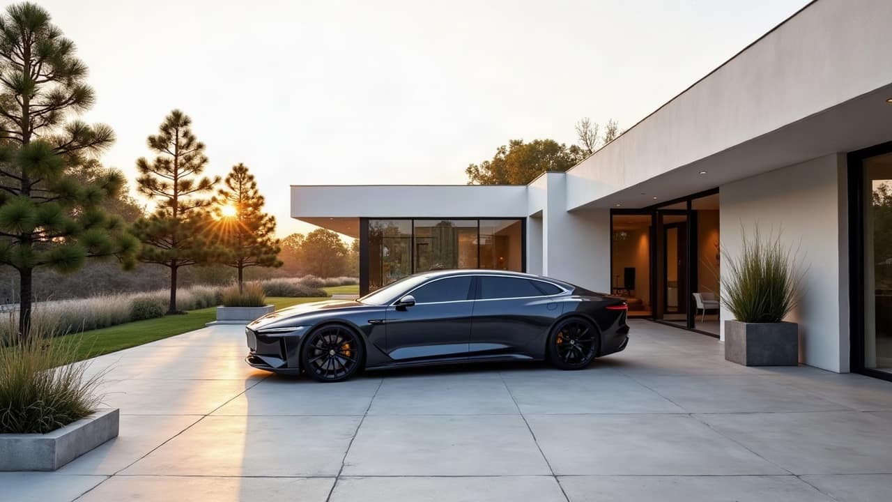 Cour dallée d'une villa contemporaine au soleil couchant, voiture haut de gamme garée sur les dalles