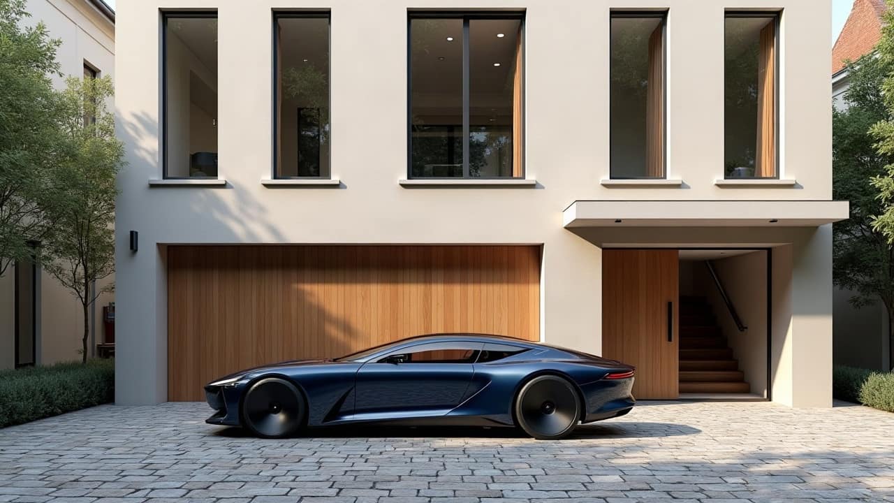 Coupé bleu nuit vu de profil devant la porte de garage en chêne d'une maison de ville, cour pavée
