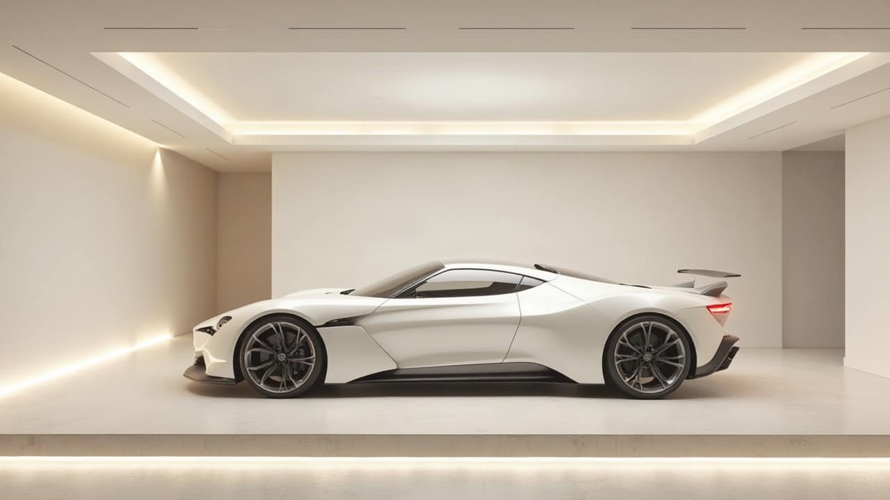 Garage enterré contemporain sous une villa, voiture haut de gamme garée au centre