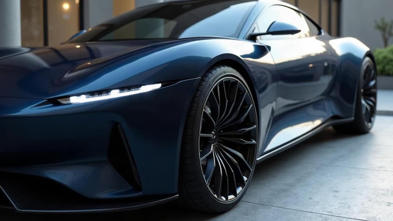 Roue avant et phare d'un coupé bleu nuit haut de gamme, en gros plan