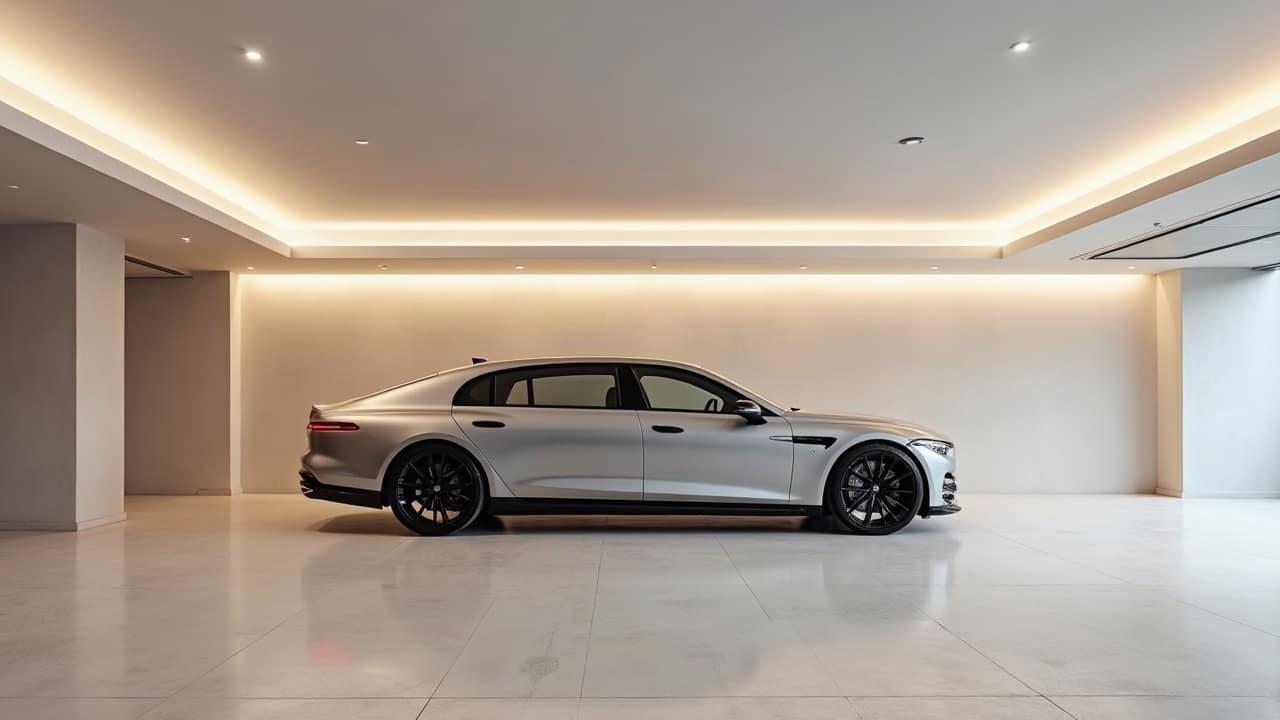 Garage enterré contemporain sous une villa, voiture haut de gamme garée au centre