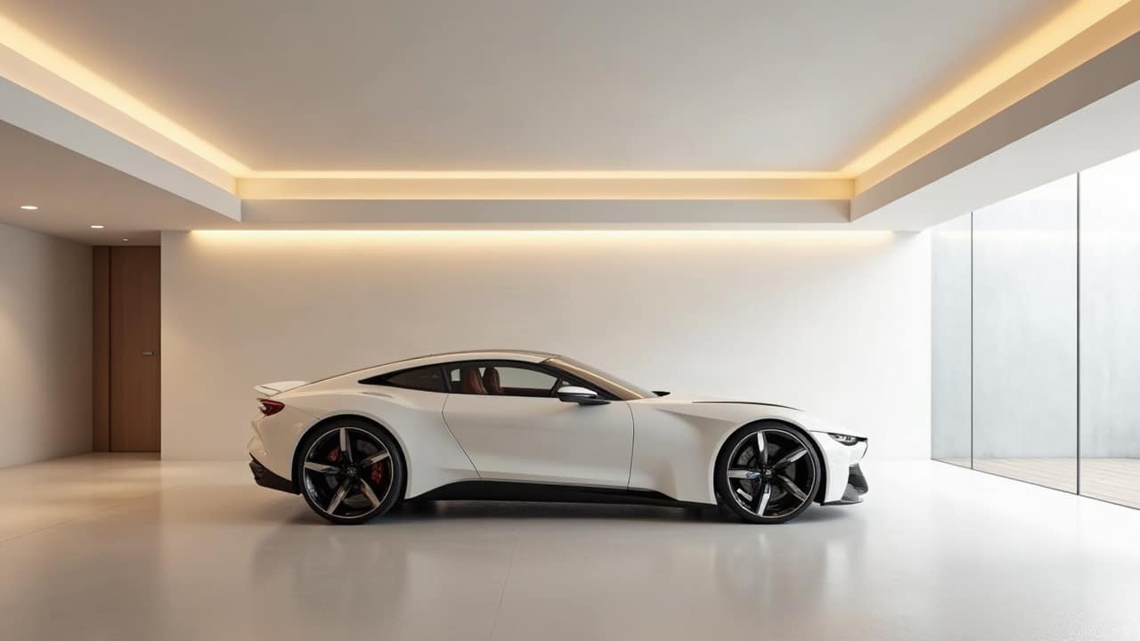 Coupé sportif blanc vu de profil dans un garage enterré aux murs blancs, éclairage linéaire au plafond