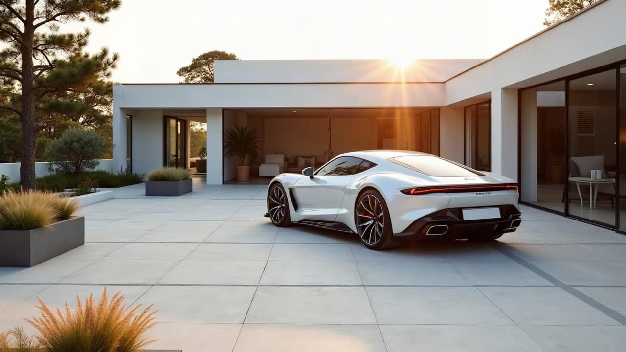 Cour dallée d'une villa contemporaine au soleil couchant, voiture haut de gamme garée sur les dalles