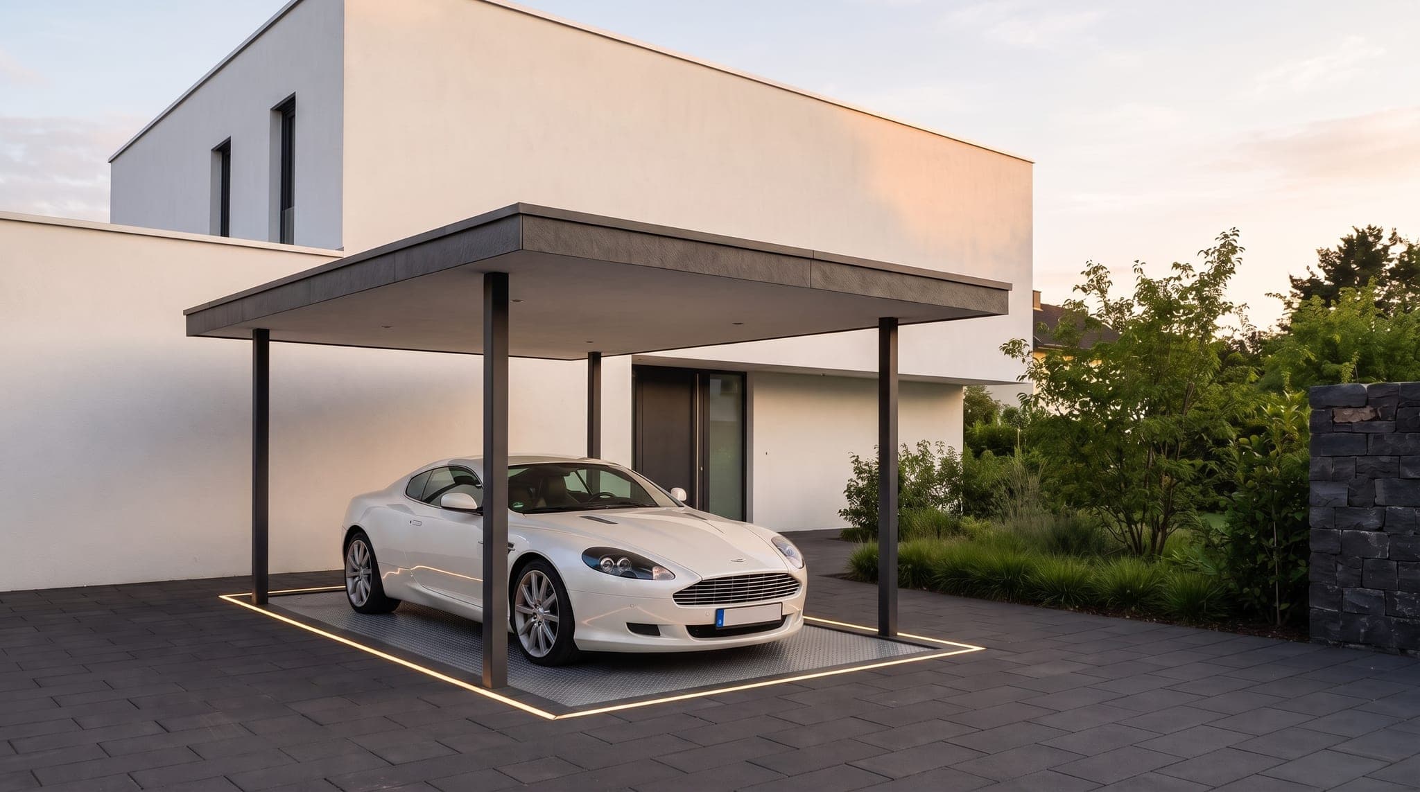 Coupé blanc posé sur la plateforme d'un monte-voiture dans la cour d'une villa contemporaine, toit porté par quatre colonnes au-dessus