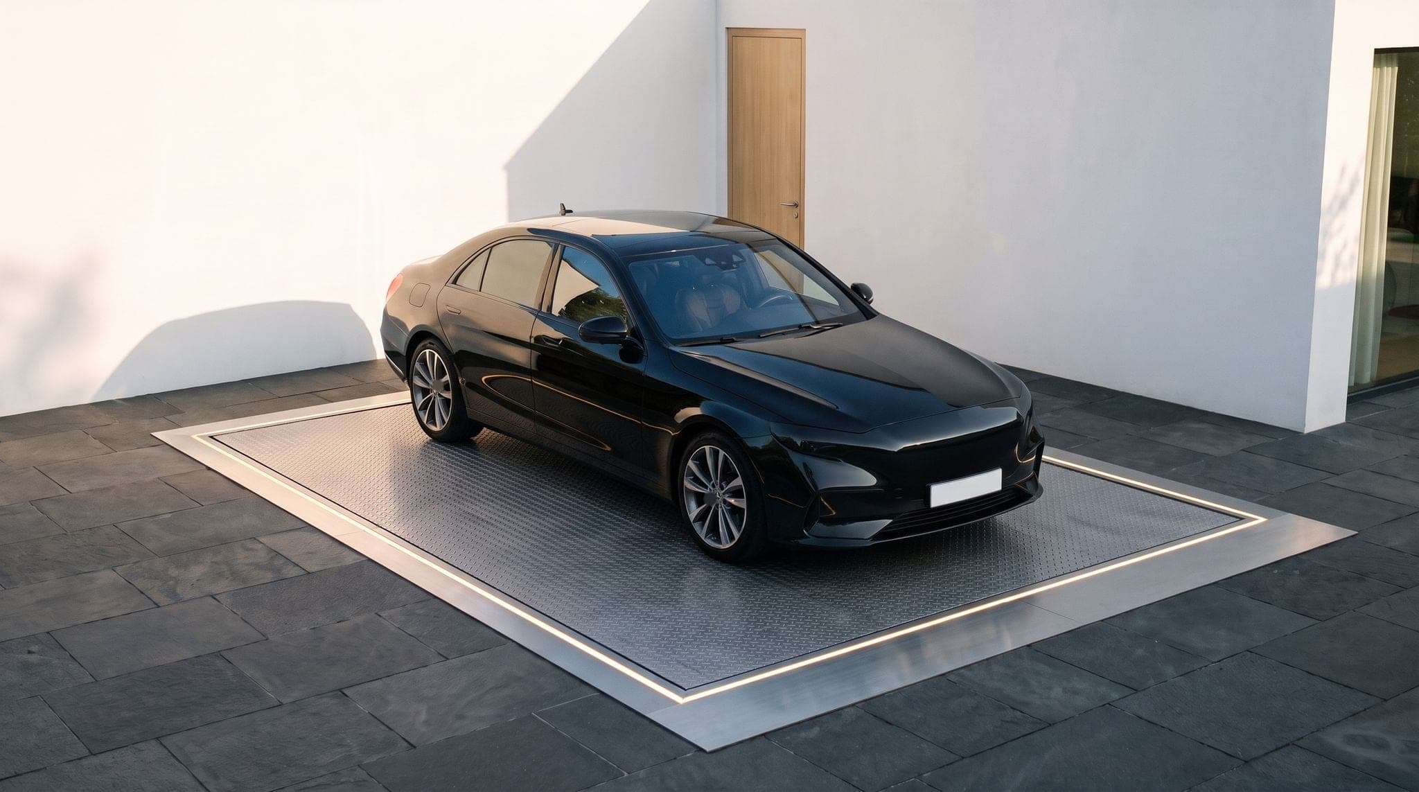 Cour en dalles de basalte d'une villa blanche : berline noire sur la plateforme d'acier d'un monte-voiture hydraulique au ras du sol, cadre inox éclairé, porte du local technique en chêne