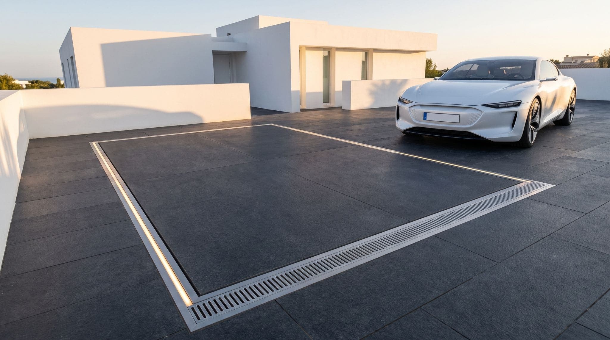 Monte-voiture refermé dans la cour d'une villa blanche : toit revêtu des mêmes dalles de basalte, au ras du sol, cadre inox éclairé et grille de caniveau, coupé blanc garé à côté