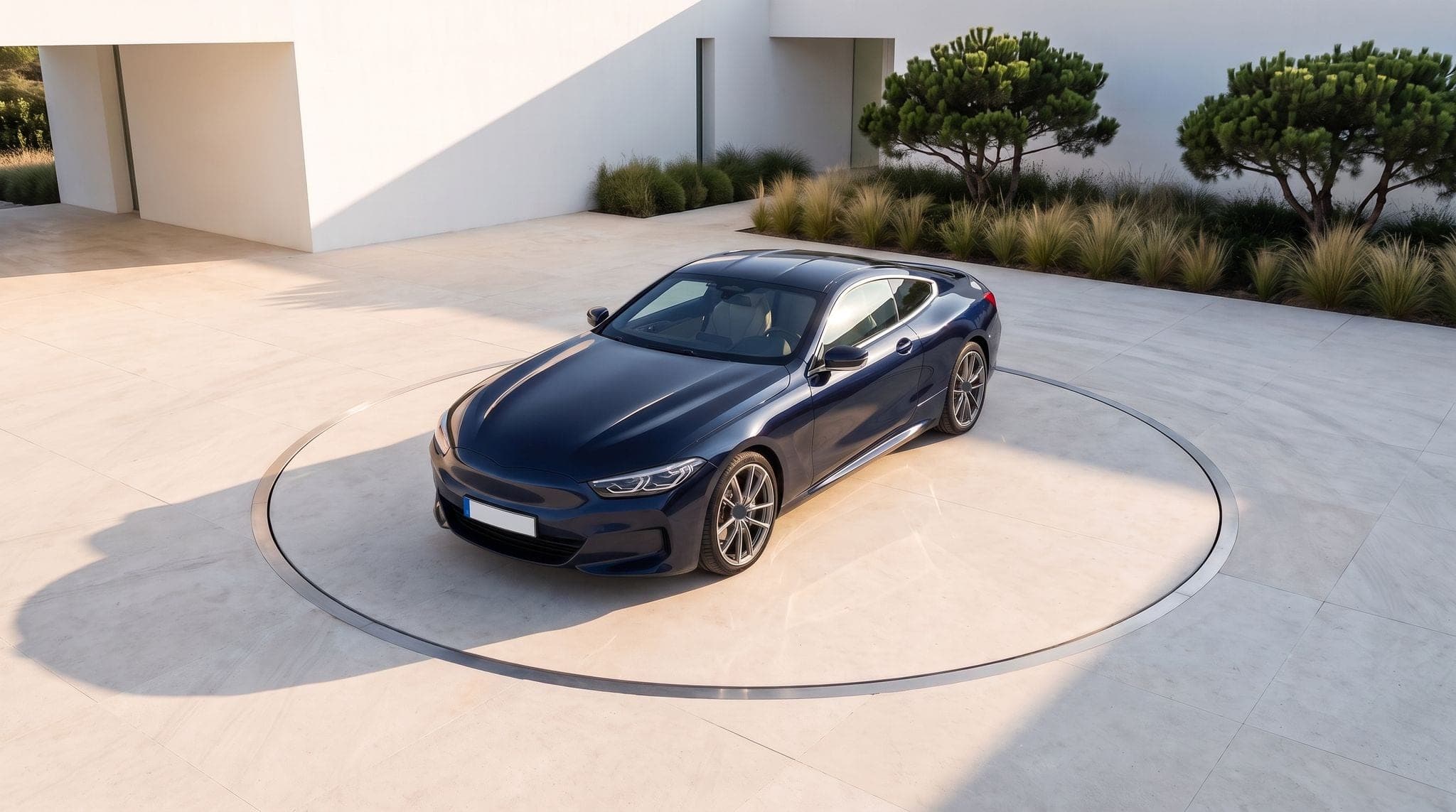 Coupé bleu nuit posé sur un plateau tournant encastré dans le dallage clair d'une cour de villa
