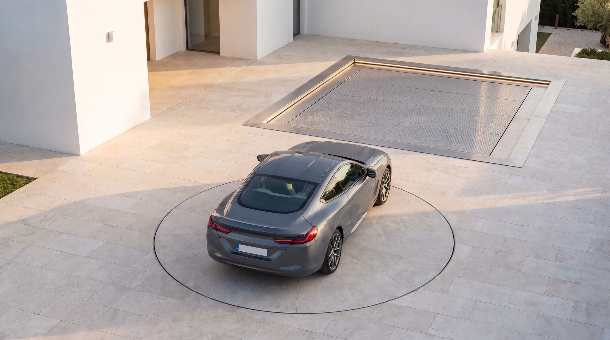 Cour en pierre claire d'une villa blanche : coupé gris sur un plateau tournant encastré, devant la plateforme d'acier d'un monte-voiture au ras du sol dans son cadre inox éclairé