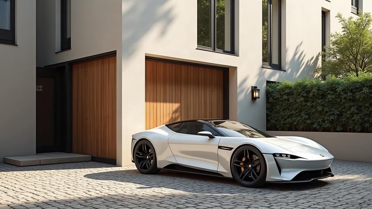 Cour pavée d'une maison de ville, porte de garage en chêne fermée, voiture haut de gamme devant