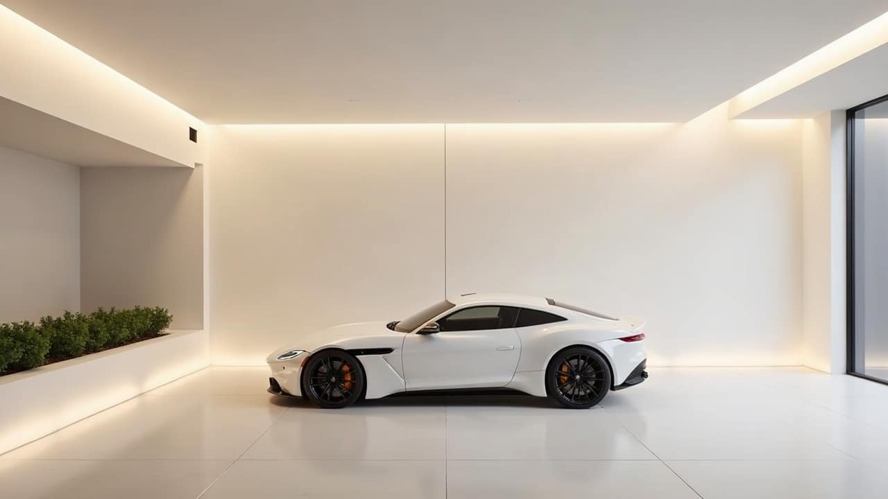 Garage enterré contemporain sous une villa, voiture haut de gamme garée au centre