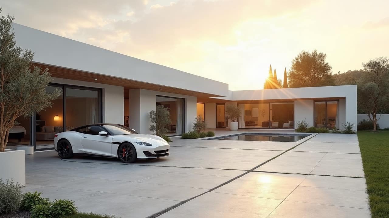 Coupé blanc garé dans la cour dallée d'une villa blanche au soleil couchant
