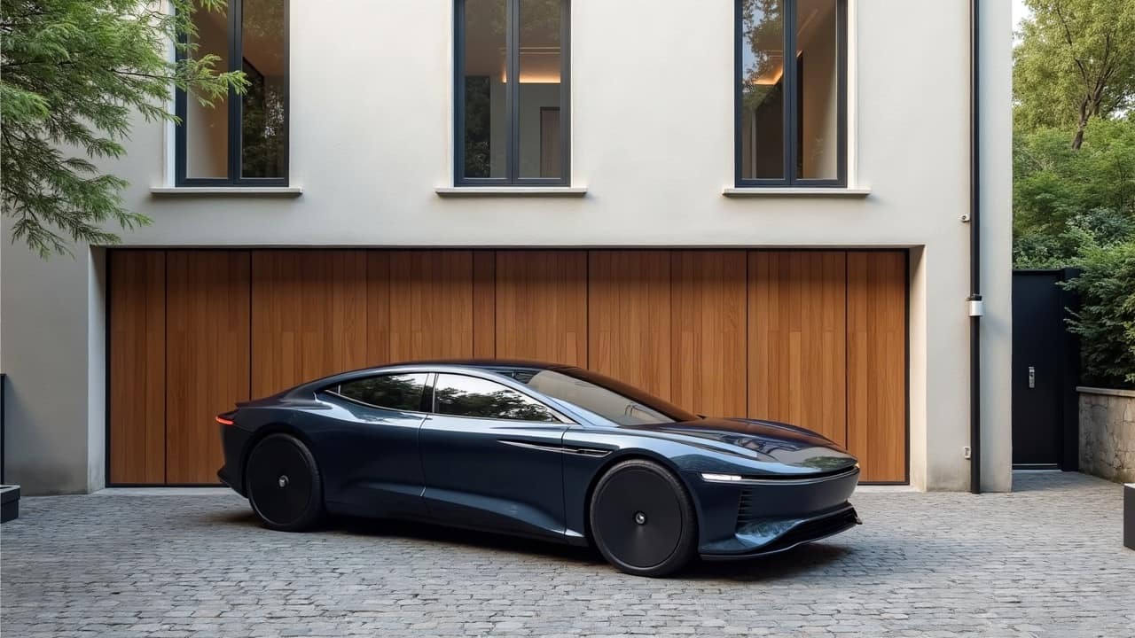 Cour pavée d'une maison de ville, porte de garage en chêne fermée, voiture haut de gamme devant