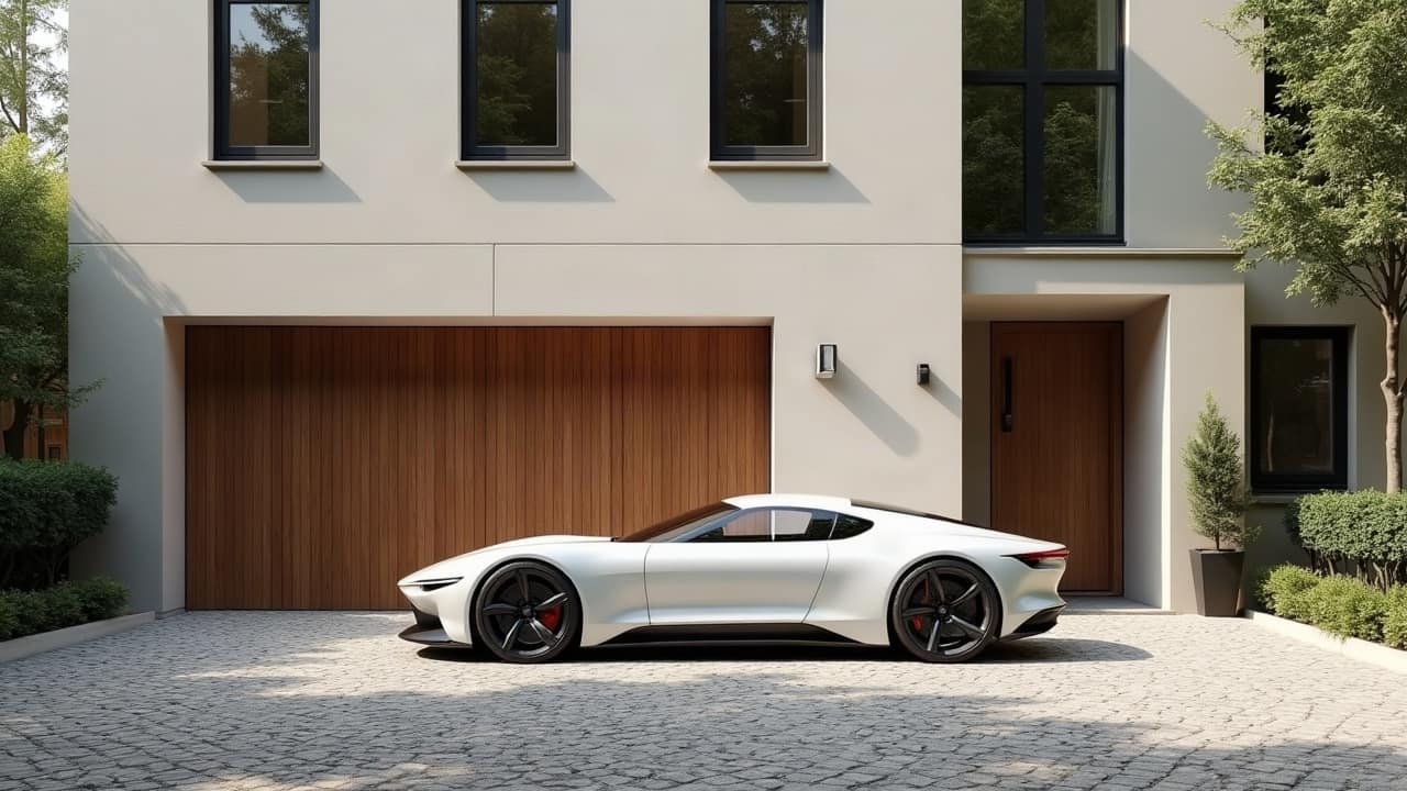 Cour pavée d'une maison de ville, porte de garage en chêne fermée, voiture haut de gamme devant