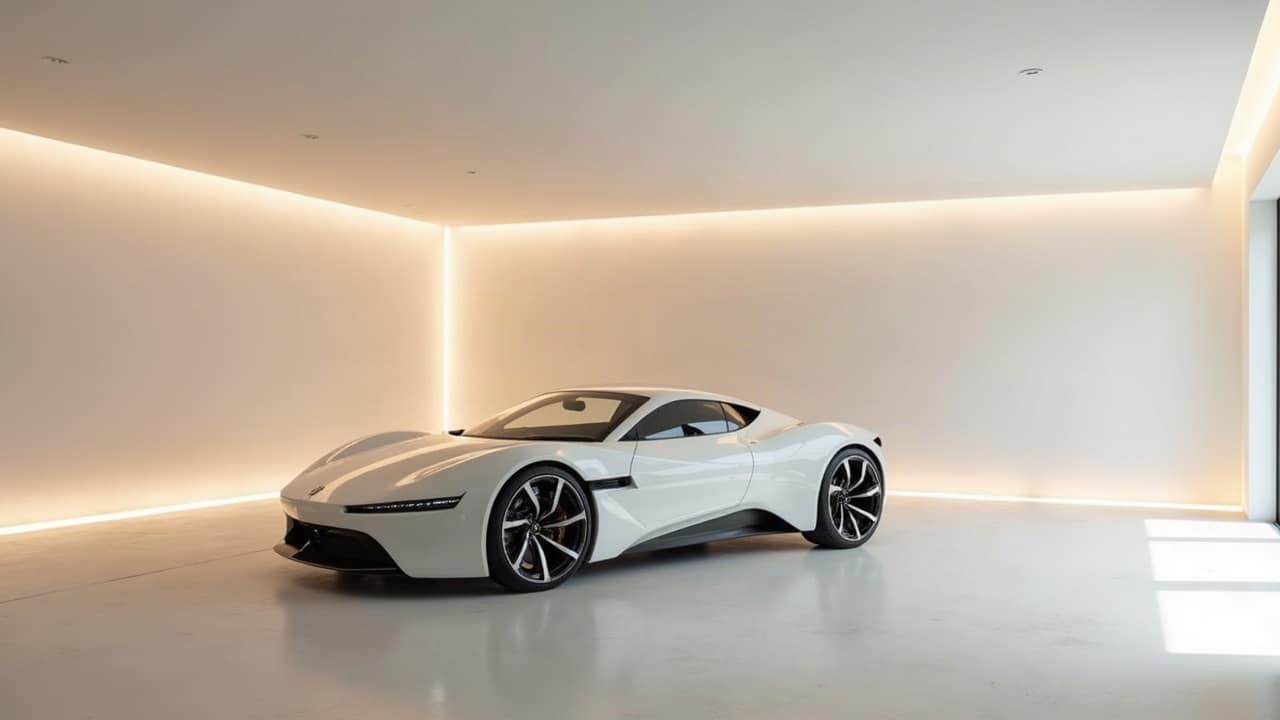 Garage enterré contemporain sous une villa, voiture haut de gamme garée au centre
