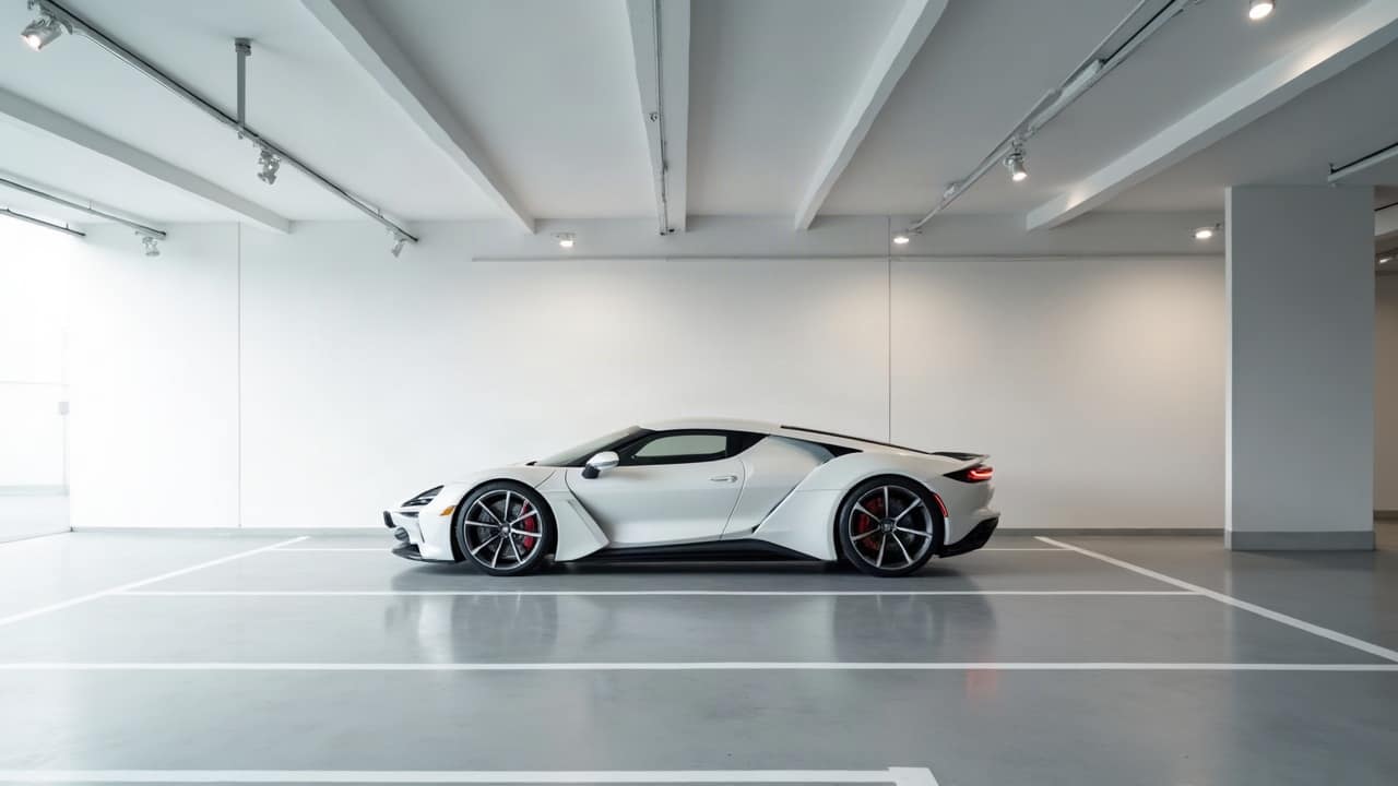 Coupé sportif blanc vu de profil dans un sous-sol neuf aux murs blancs, places marquées au sol