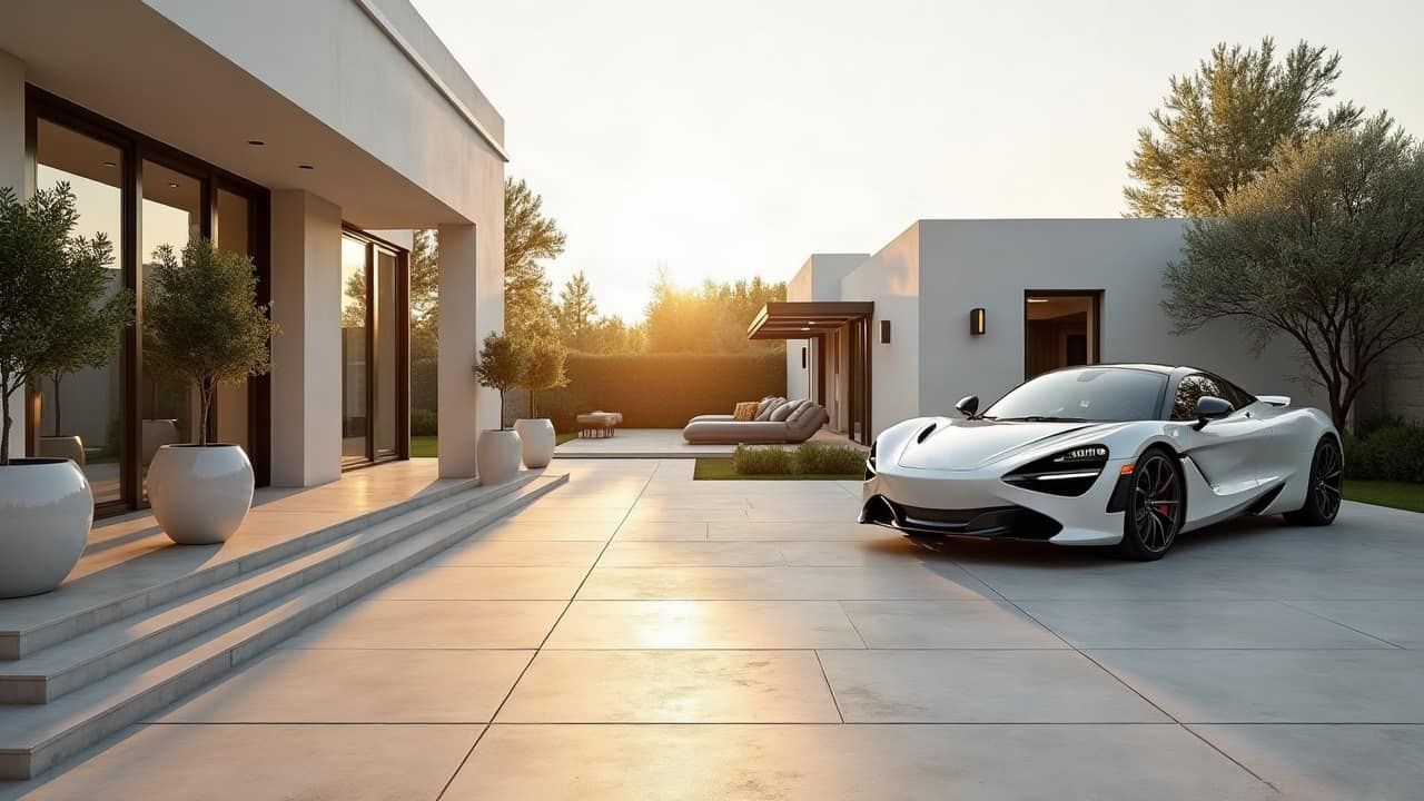 Coupé sportif blanc garé dans la cour dallée d'une villa blanche au soleil couchant