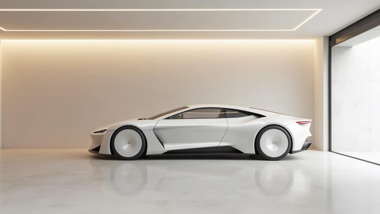 Garage enterré contemporain sous une villa, voiture haut de gamme garée au centre