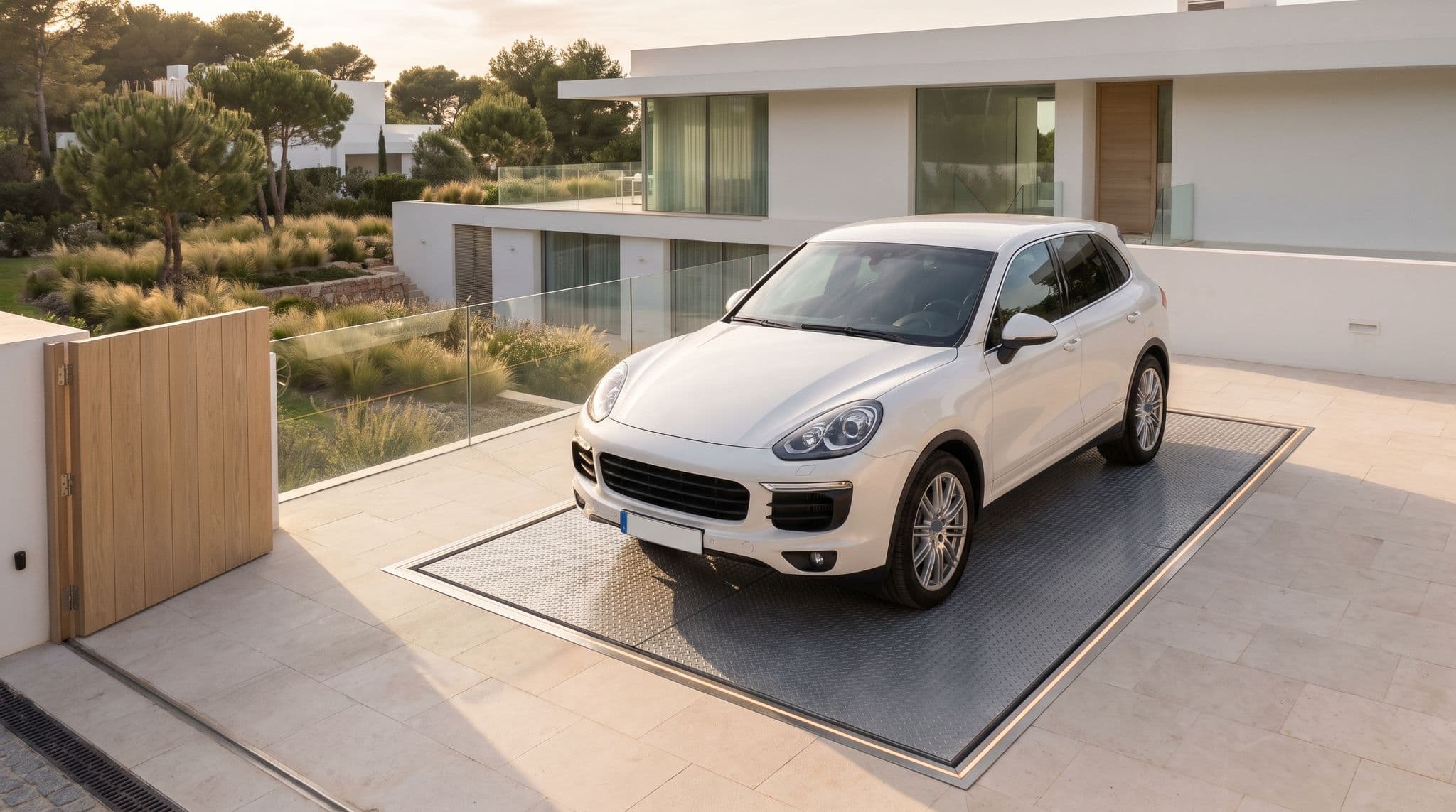 Cour en pierre claire d'une villa blanche bâtie sur un terrain en pente : SUV blanc sur la plateforme d'acier d'un monte-voiture au ras du dallage, fin cadre inox éclairé à plat, portail en chêne, garde-corps en verre au-dessus d'un talus planté